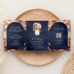 Convite Com Dobra Tripla Vaso de Pedra Floral Terracota Casamento Código QR