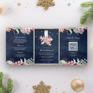 Convite Com Dobra Tripla Vela de Natal Poinsettia QR Code Casamento Azul-Ma