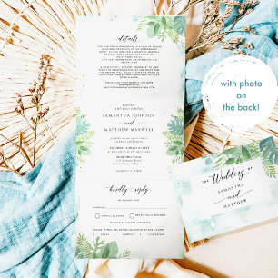 Convite Com Dobra Tripla Verde Azul com RSVP, Casamento Fotográfico