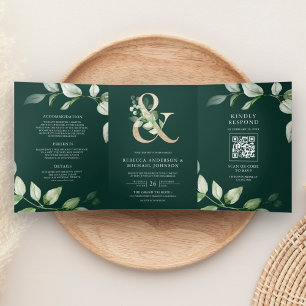Convite Com Dobra Tripla Verde Dourado Ampersand Código QR Casamento Esmera
