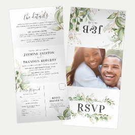 Convite Com Dobra Tripla Verde Elegante e Casamento Dourado Tudo em Um