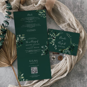 Convite Com Dobra Tripla Verde Esmeralda   Código QR de Foto Verde Casament