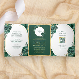 Convite Com Dobra Tripla Verde Esmeralda Floral Mármore Tudo em Um Casament