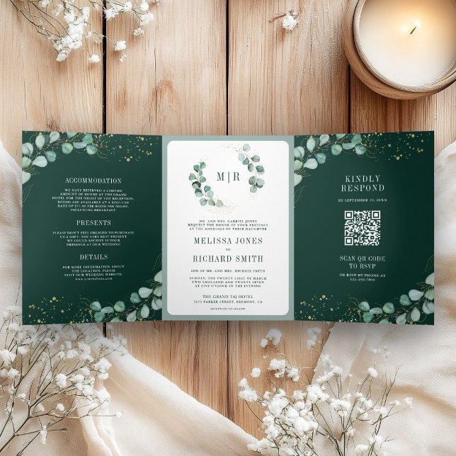 Convite Com Dobra Tripla Verde Folhagem Eucalipto Verde Esmeralda Código QR (Criador carregado)