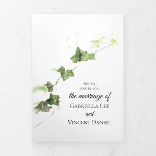 Convite Com Dobra Tripla Verde Inglês Ivy Vine Watercolor Wedding Tri-Fold