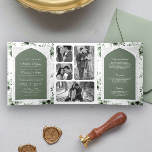 Convite Com Dobra Tripla Verde Salvia Floral Macacão de Renda para Casament