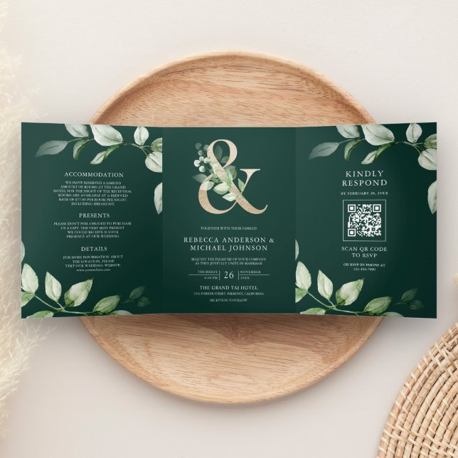 Convite Com Dobra Tripla Verdura Ouro E comercial QR Code Esmeralda Casamen (Criador carregado)