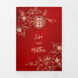 Convite Com Dobra Tripla Vermelha Dourada Magnolia | Casamento Chinês