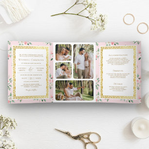 Convite Com Dobra Tripla Vermelhidão Rosa Floral Tudo em Um Dourado Casamen