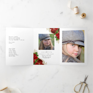 Convite Com Dobra Tripla Vermelho e Rosas Dourados Quinceañera Tr