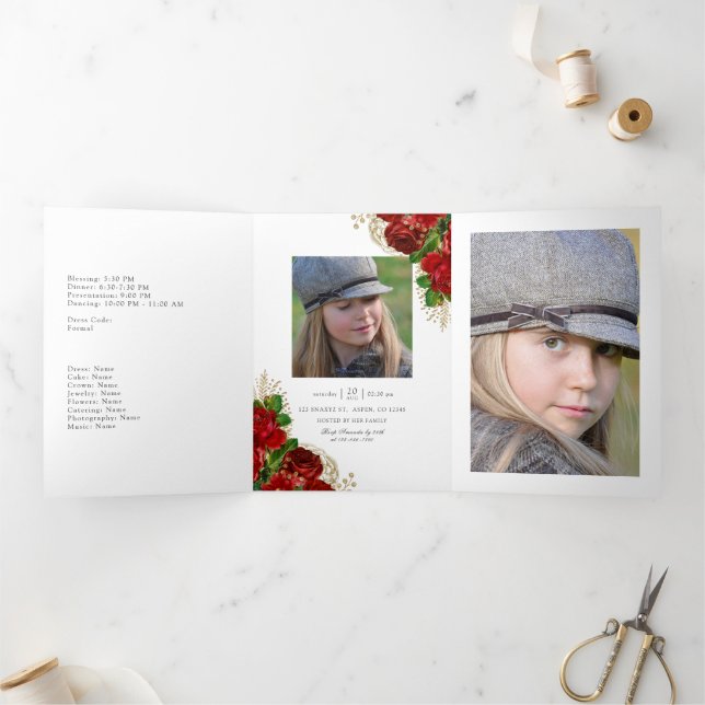 Convite Com Dobra Tripla Vermelho e Rosas Dourados Quinceañera Tr (Dentro)