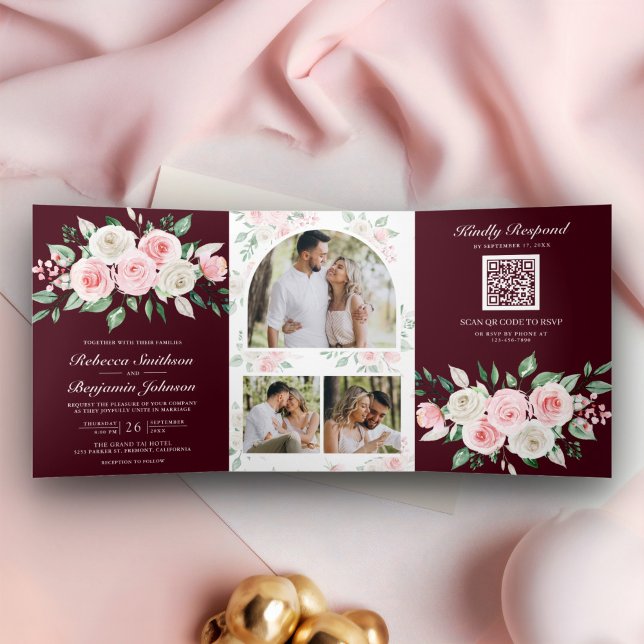 Convite Com Dobra Tripla Vermelho Floral Rosa Rubor Código QR Casamento (Criador carregado)