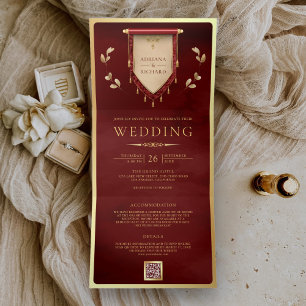 Convite Com Dobra Tripla Vermelho Marrom Antigo Dourado Rolo Medieval Casam