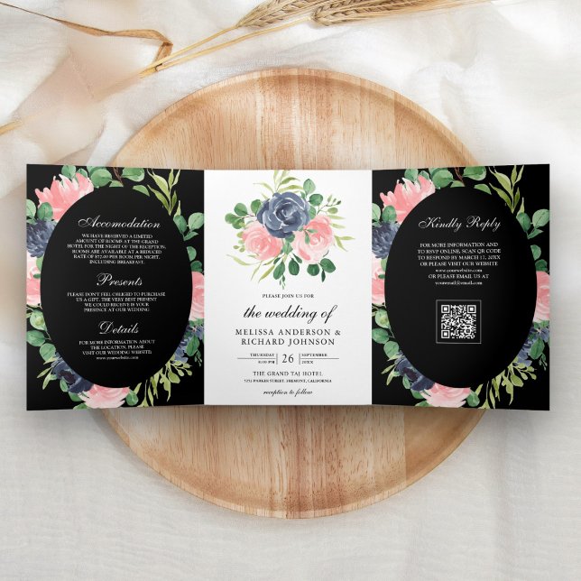 Convite Com Dobra Tripla Vermelho Naval Bege Rosa Floral Código QR Preto Ca (Criador carregado)
