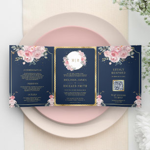 Convite Com Dobra Tripla Vermelho Rosado Floral Azul Marinho Vestido de Noi