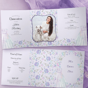 Convite Com Dobra Tripla Vestido de Princesa Diamantes Lilás Quinceanera Fo