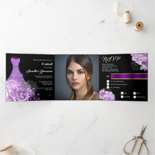 Convite Com Dobra Tripla Vestido preto roxo com rosa de brilho FOTO