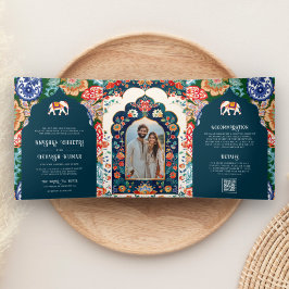 Convite Com Dobra Tripla Vibrante Elefante de Arte Popular Indiana Casament
