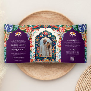 Convite Com Dobra Tripla Vibrante Elefante de Arte Popular Indiana Casament