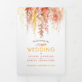 Convite Com Dobra Tripla Vinhas em queda laranja, cor d'água, casamento tud