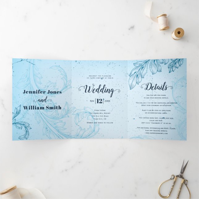 Convite Com Dobra Tripla Vintage aqua azul folha de pergaminho floresce cas (Dentro)