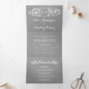 Convite Com Dobra Tripla Vintage armação floral, casamento de cinza