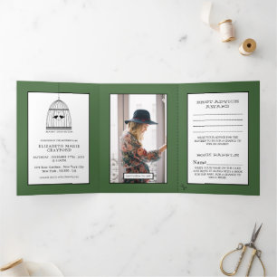 Convite Com Dobra Tripla Vintage Birdcage Artichoke, Chá de fraldas Verde