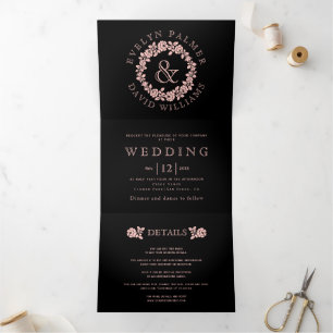 Convite Com Dobra Tripla Vintage blush rosa fundo negro casamento