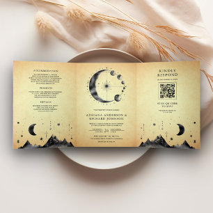 Convite Com Dobra Tripla Vintage Celestial Fases da Lua Crescente Casamento