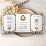 Convite Com Dobra Tripla Vintage Crest Royal Camel Indian Casamento Hindu<br><div class="desc">Surpreenda seus hóspedes com este elegante convite de casamento indiano que apresenta uma bela crista com padrão de correspondência e código QR para RSVP online. Basta adicionar os detalhes do seu evento neste modelo fácil de usar e enfeitar este cartão com a sua foto favorita para torná-lo um convite único....</div>