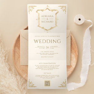 Convite Com Dobra Tripla Vintage Dourado Crest Código QR Casamento de Creme