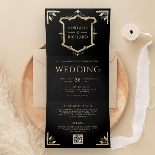 Convite Com Dobra Tripla Vintage Dourado Crest Código QR Casamento Preto