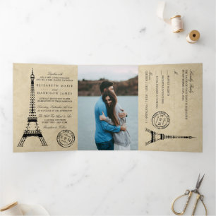 Convite Com Dobra Tripla Vintage Eiffel Tower Paris Postmark Wedmark Suite