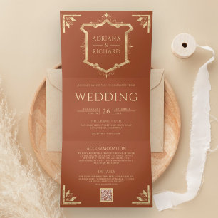 Convite Com Dobra Tripla Vintage Gold Crest Código QR Terracota Casamento
