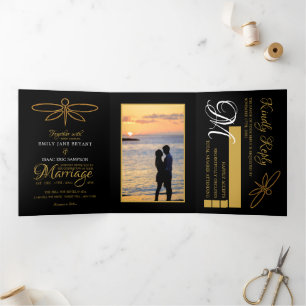 Convite Com Dobra Tripla Vintage Gold Foil Dragonfly Suite
