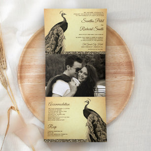 Convite Com Dobra Tripla Vintage Rustic Brown Sepia Indian Peacock Wedding
