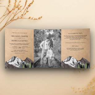Convite Com Dobra Tripla Vintage Rustic Kraft Mountain Forest Casamento Fot