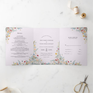 Convite Com Dobra Tripla Vintage Wildflower Fern Lavanda Casamento Monogram
