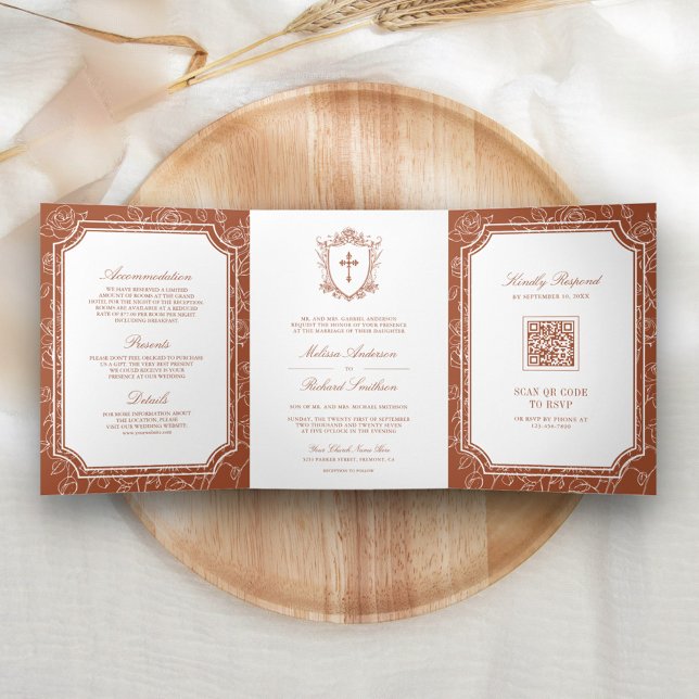 Convite Com Dobra Tripla Vitória Terracota Código QR Católico Casamento (Criador carregado)
