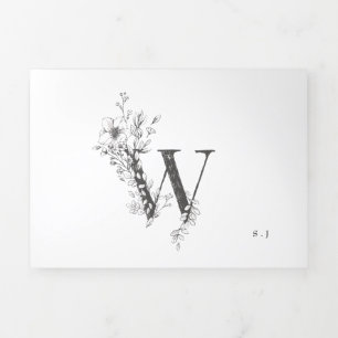 Convite Com Dobra Tripla 'W' Monograma Linda Casamento Floral Escrito