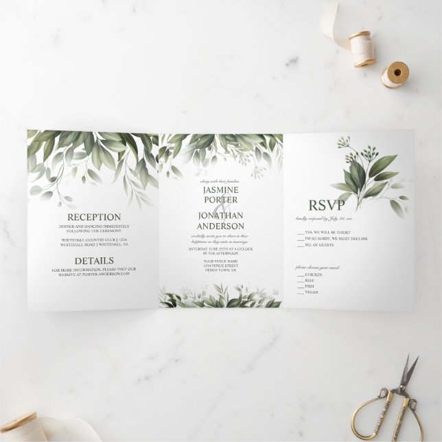 Convite Com Dobra Tripla Watercolor Greenery Deixa Casamento Foliar (Dentro)