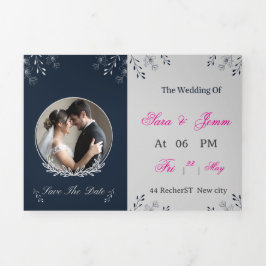 Convite Com Dobra Tripla Wedding Invitation | Elegant Bride & Groom Illustr
