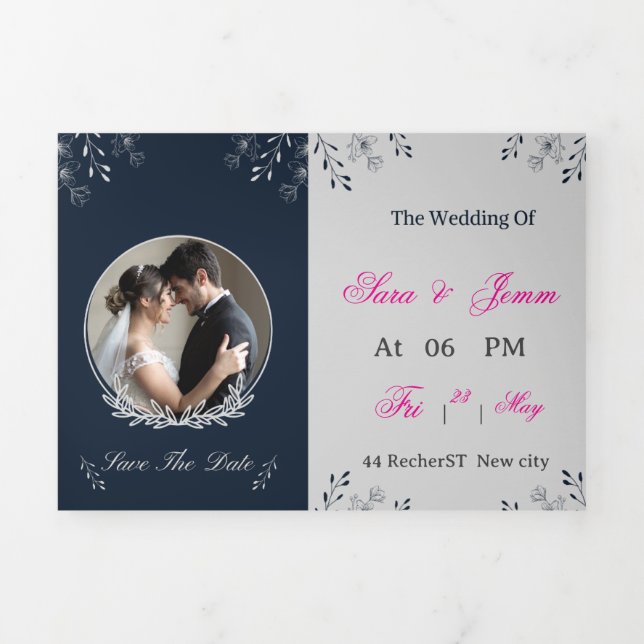 Convite Com Dobra Tripla Wedding Invitation | Elegant Bride & Groom Illustr (Cobrir)