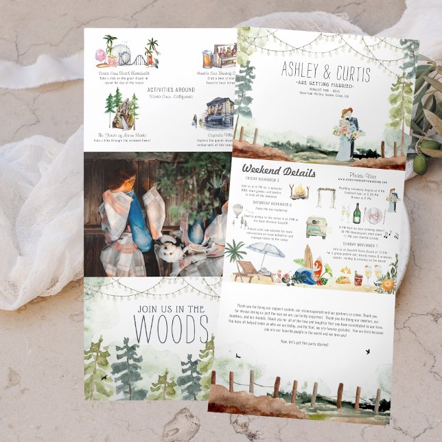 Convite Com Dobra Tripla Westshore Forest Beach | Casamento Ilustrado (Criador carregado)