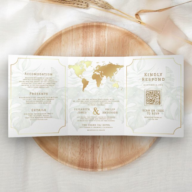 Convite Com Dobra Tripla White Gold Tropical Destination World Map Wedding (Criador carregado)