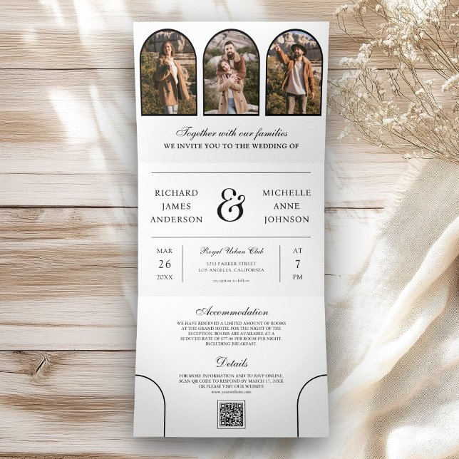 Convite Com Dobra Tripla White Minimal Arch Photo QR code Wedding (Criador carregado)