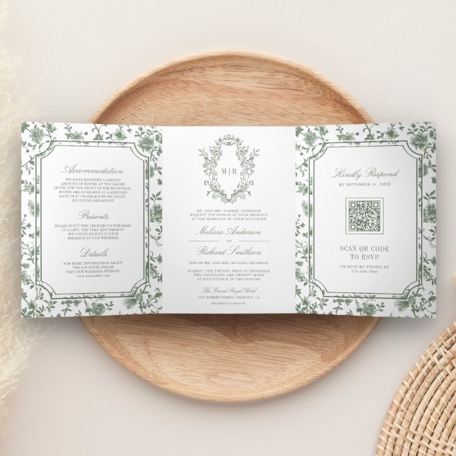 Convite Com Dobra Tripla White Sage Green Chinoiserie Crest Código QR Casam (Criador carregado)