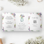 Convite Com Dobra Tripla Wildflower Mason Jar All in One QR Code Wedding<br><div class="desc">Incêndio aos seus convidados com este elegante convite para casamento,  com flores bonitas e tipografia moderna. Basta adicionar os detalhes do seu evento neste modelo fácil de usar e adorar este cartão com as suas fotografias favoritas para o tornar um convite único.</div>
