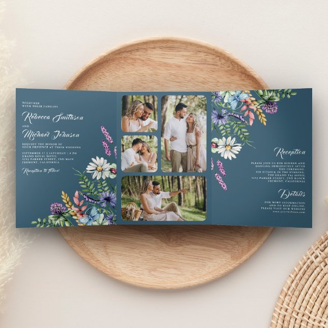 Convite Com Dobra Tripla Wildflower Photo All in One Dusty Blue Wedding (Criador carregado)
