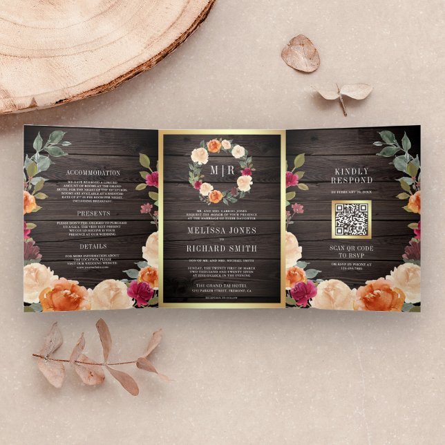 Convite Com Dobra Tripla Wood Earthy Floral Wreath Código QR Casamento (Criador carregado)